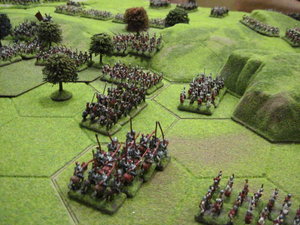 The Lancastrian heavy horse wait in column formation behind the escarpments