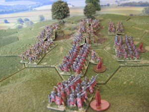 Roman auxiliary archers and spearmen defend the slope on the Roman right wing.
