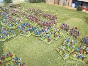 The Celtic warriors attack the Roman infantry line.