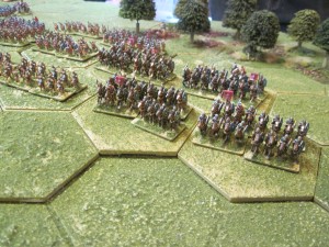 The two armies deploy for the second game, the Roman cavalry concentrated on the left wing