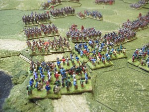 The Celtic warriors push back the Roman infantry along the river bank.