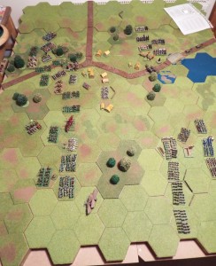 An overview of initial manoeuvres- note the eagles pushed forward on the elven left to restrict the path around the woods.