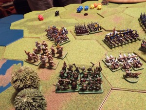 The giants rampage forward whilst desperate generals from both sides join the battle to urge their troops forward.