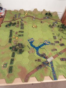 Overview of the end of the first turn. Will the elves continue the push across the river, or wait for the infantry to catch up?