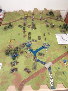 Overview of the fighting around the Yoke Falls. Note the elven infantry have now crossed the river